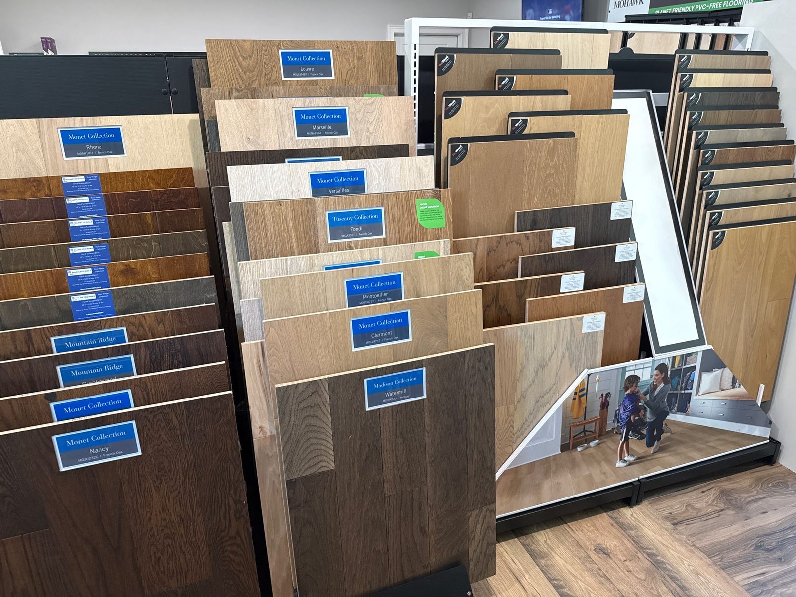 Hardwood flooring sample racks at the Mill Town Flooring showroom in Canton, GA