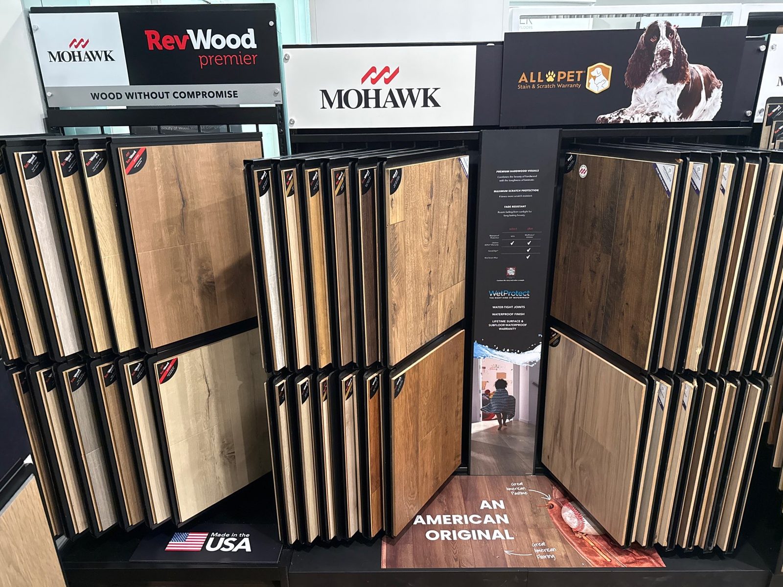 Mohawk RevWood Premier laminate flooring display in the Mill Town Flooring showroom